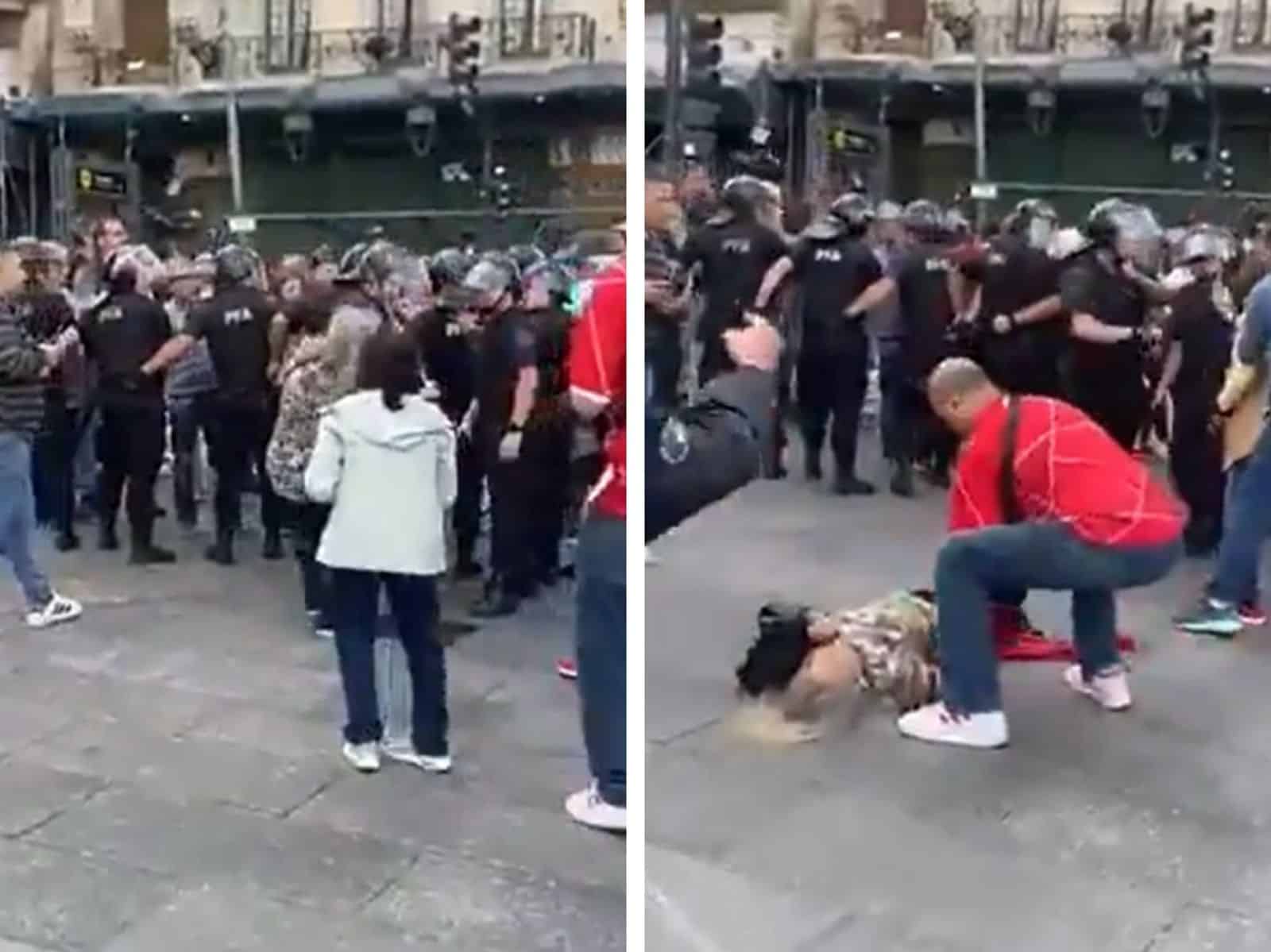 CHOCANTE! POLICIAL EMPURRA IDOSA E A FAZ CAIR DE CABEÇA EM PROTESTO NA ARGENTINA!