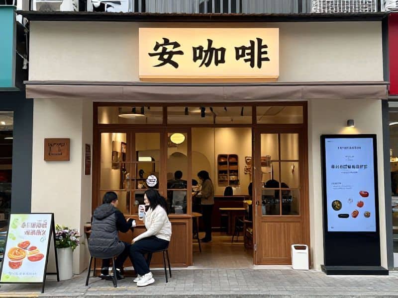 Realistic image of a cozy local business with customers engaging, outdoor signs, and digital marketing elements blending in the scene.